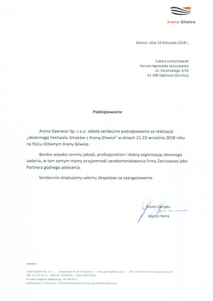 Referencje Arena Gliwice Żarciowozy