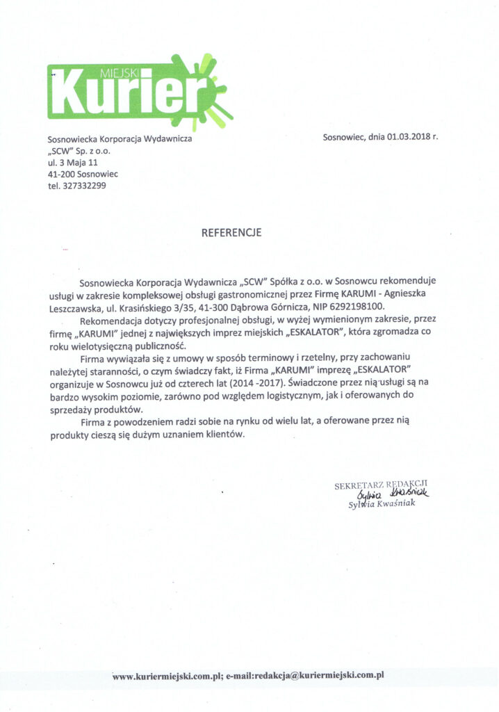 Referencje Kurier Miejski Sosnowiec Żarciowozy