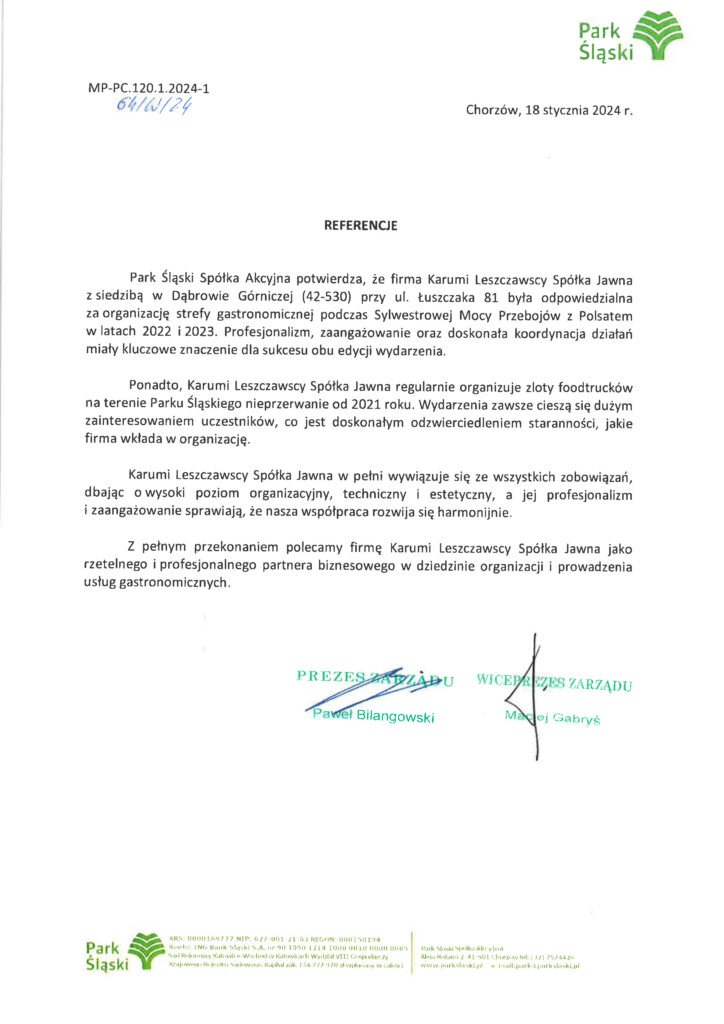 Referencje Park Slaski wspolpraca oraz sylwester Żarciowozy